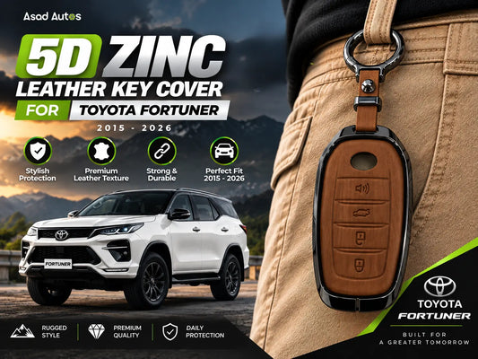 Premium 5D Zinc Leather Key Cover for Toyota Fortuner 2015–2026 with durable zinc frame and stylish leather-textured finish.