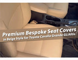 Premium bespoke beige seat covers for Toyota Corolla Grande GLI/Altis, providing a luxurious and custom-fit upgrade for your car’s interior.