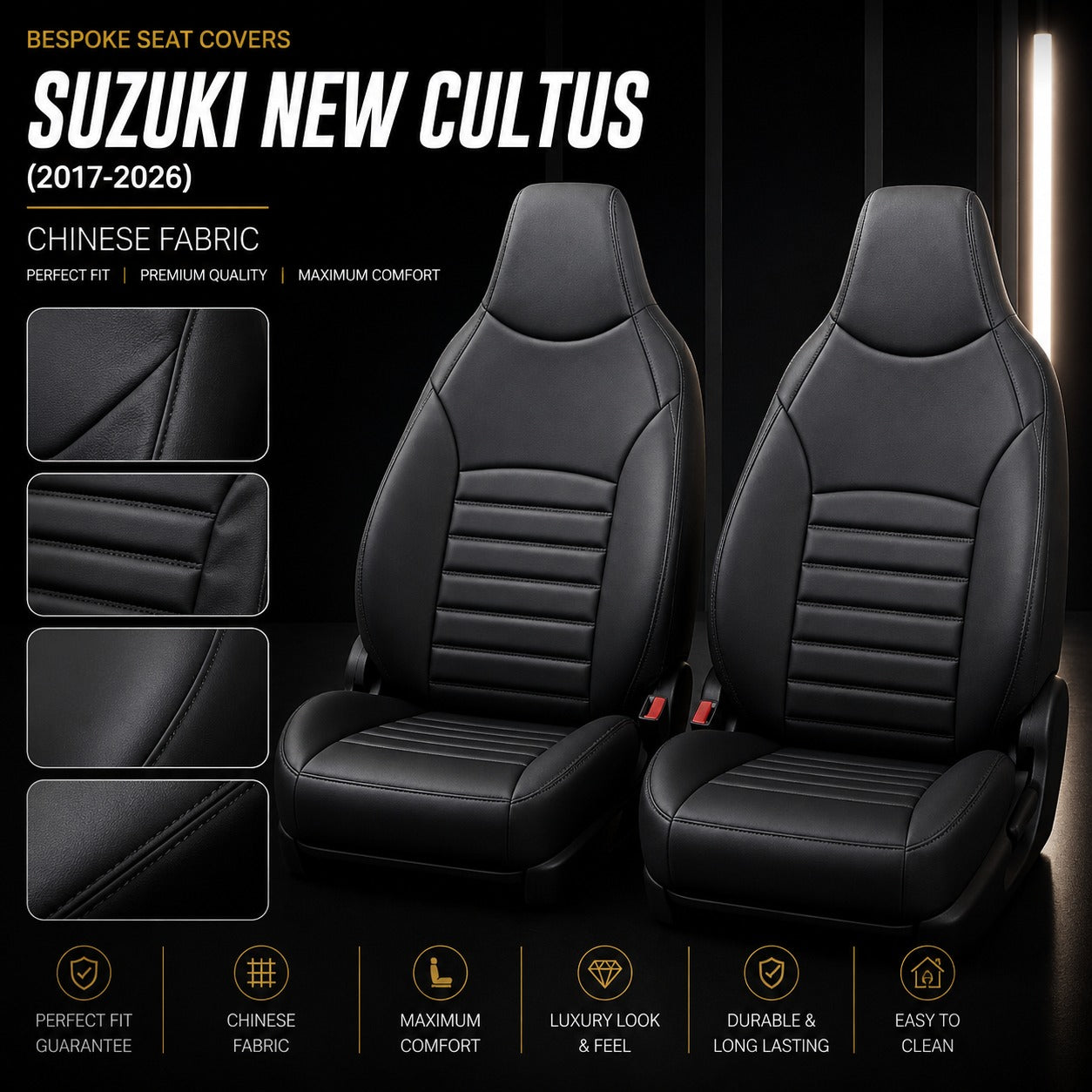 Premium bespoke seat cover made from high-quality Chinese automotive upholstery material for Suzuki New Cultus 2017–2026