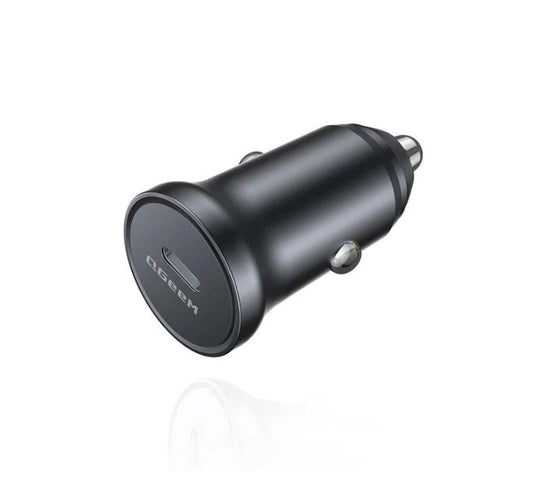 "QGeeM USB Car Charger with QC 3.0 & USB-C PD fast charging, dual-port design, and smart safety protection."