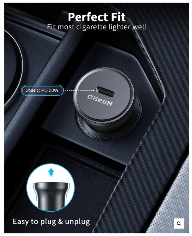 "QGeeM USB Car Charger with QC 3.0 & USB-C PD fast charging, dual-port design, and smart safety protection."
