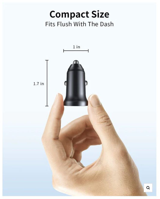 "QGeeM USB Car Charger with QC 3.0 & USB-C PD fast charging, dual-port design, and smart safety protection."
