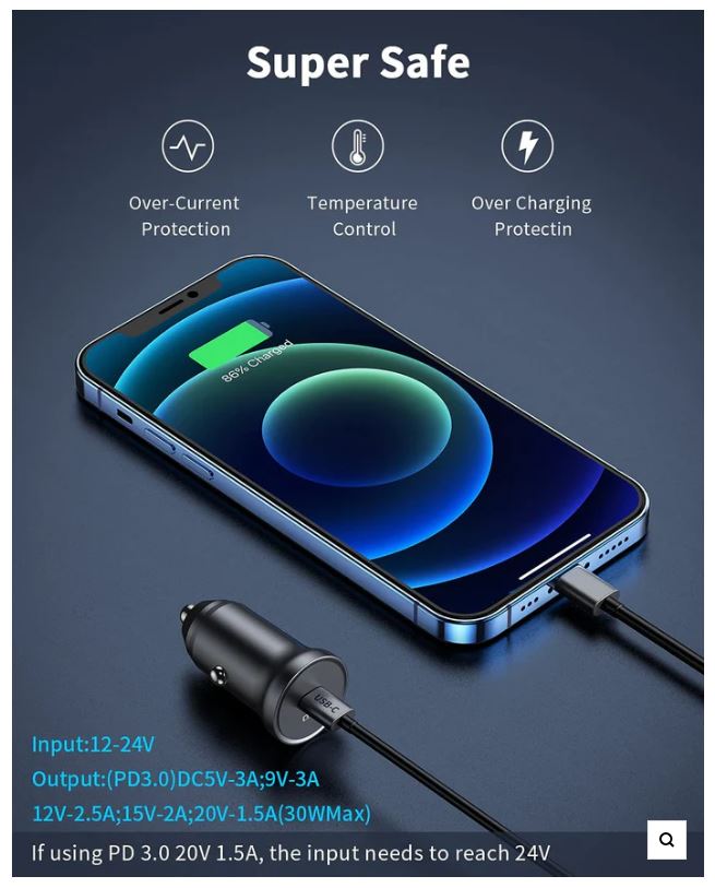 "QGeeM USB Car Charger with QC 3.0 & USB-C PD fast charging, dual-port design, and smart safety protection."