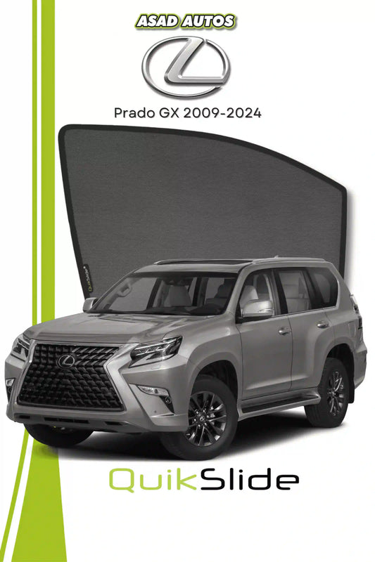QS QuikSlide custom fit window sun shades installed on Lexus Prado GX 2009-2024 SUV side window