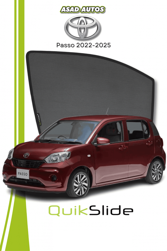 QS | QuikSlide | Quik Snap Window Sun Shades (Car Pardy) for Toyota Passo (2022-2025) – Ultimate Sun Protection & Privacy."