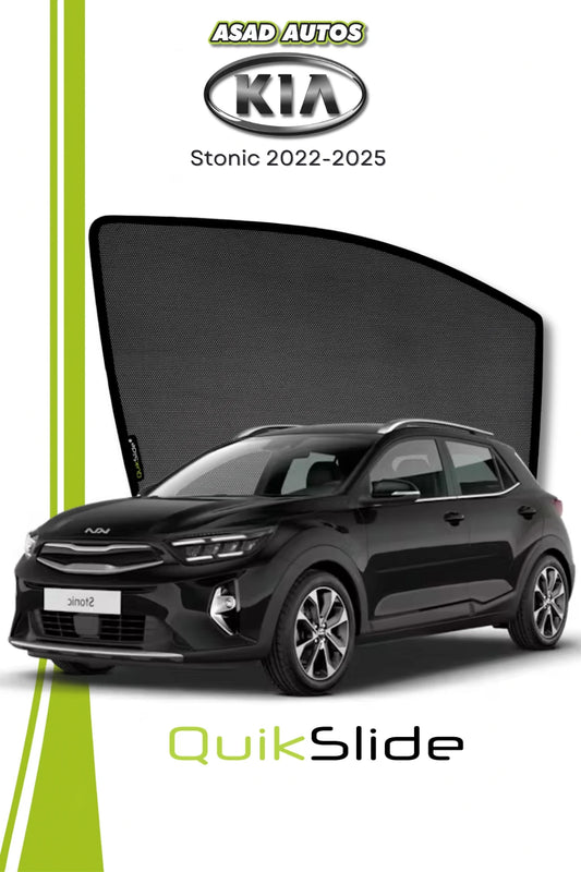 QS QuikSlide custom fit window sun shades installed on Kia Stonic 2022-2025 crossover side window