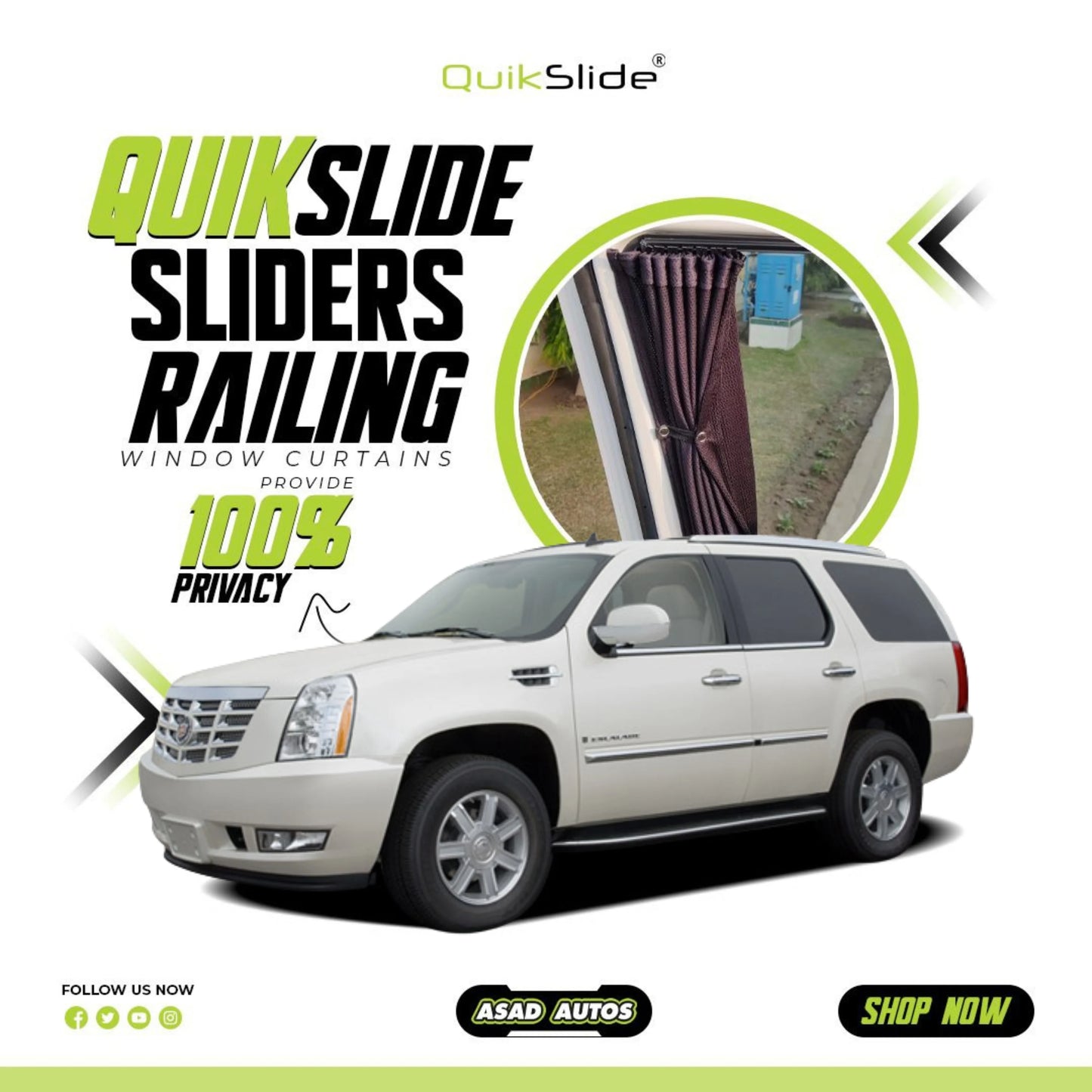 QuikSlide Sliders Railing Curtains for Cadillac Escalade ESV Gen3 2007–2014 Car Window Sun Shades