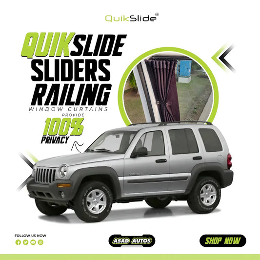 QuikSlide Sliders Railing Curtains for Jeep Cherokee Gen3 2002–2013 car window sun shades with UV protection and privacy coverage