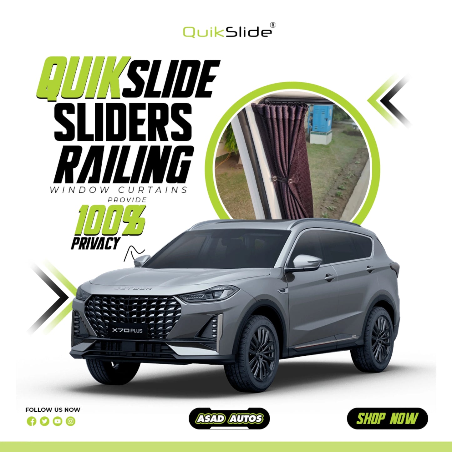 QuikSlide Sliders Railing Curtains for Jetour X70 Plus Gen1 2018–2025 car window sun shades with UV protection and privacy coverage