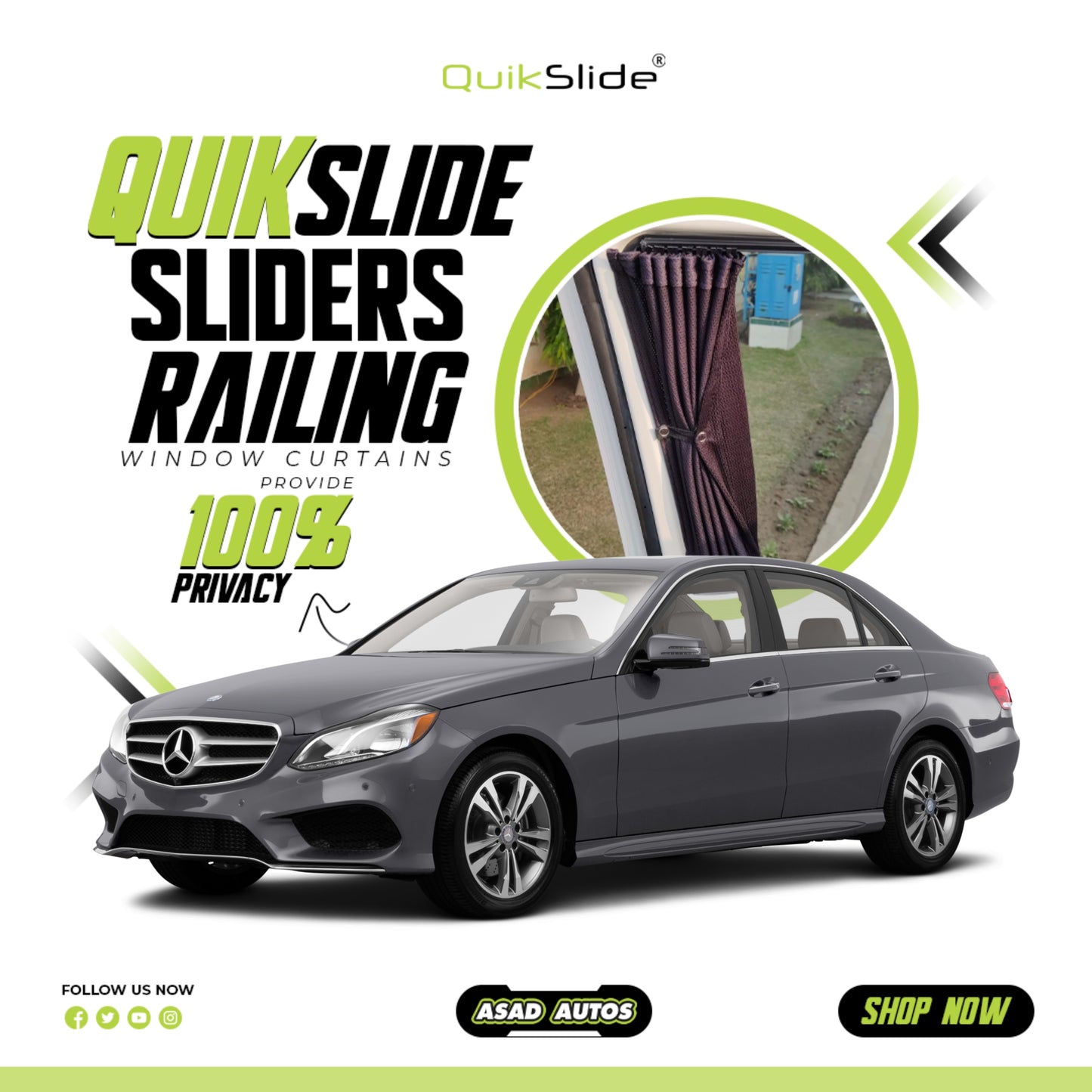 QuikSlide Sliders Railing Curtains for Mercedes-Benz E-Class W212 Gen4 (2009-2016) – Premium Luxury Privacy Shades with UV Protection and Sun Block"