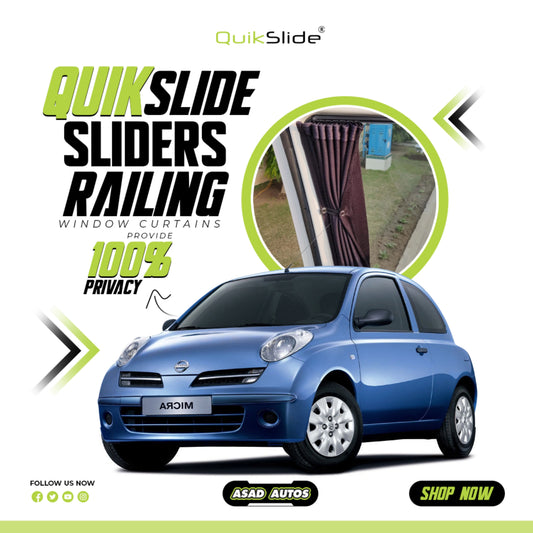 QuikSlide Sliders Railing Curtains for Nissan March 3rd Gen (2002-2010) – Premium Privacy and Sun Protection"