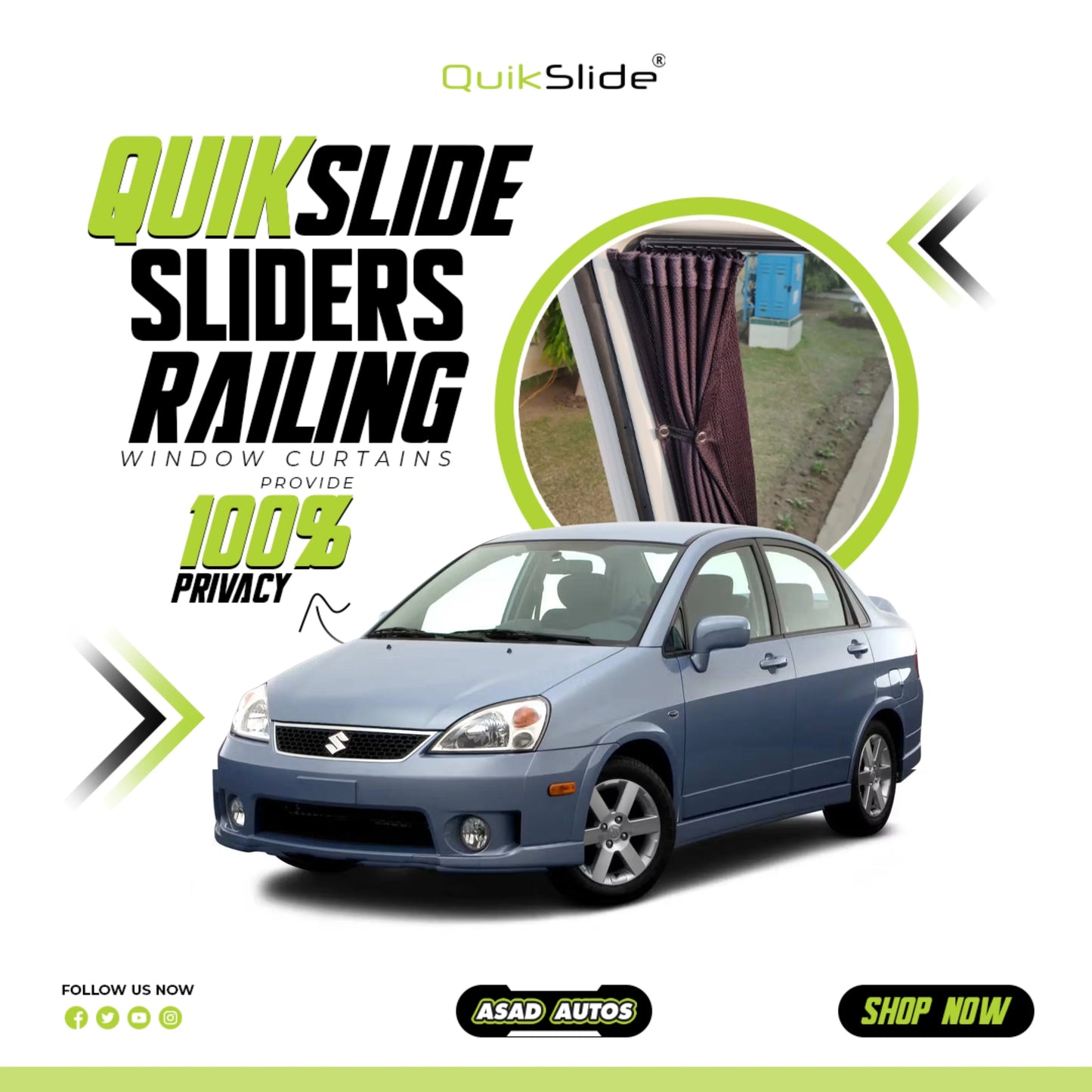 QuikSlide Sliders Railing Curtains for Suzuki Liana Aerio Gen1 2006–2014 car window sun shades with UV protection and privacy coverage