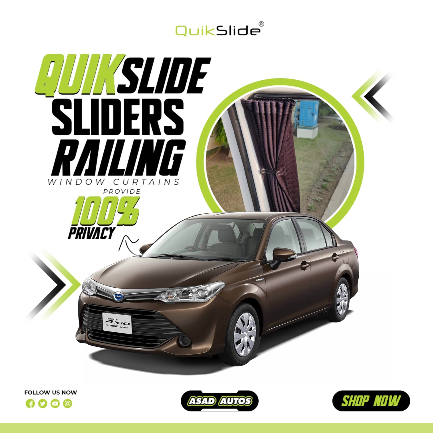 QuikSlide Sliders Railing Curtains for Toyota Corolla Axio (2012-2017) – Premium Custom Fit Privacy Shades with Sun Protection and UV Protection"