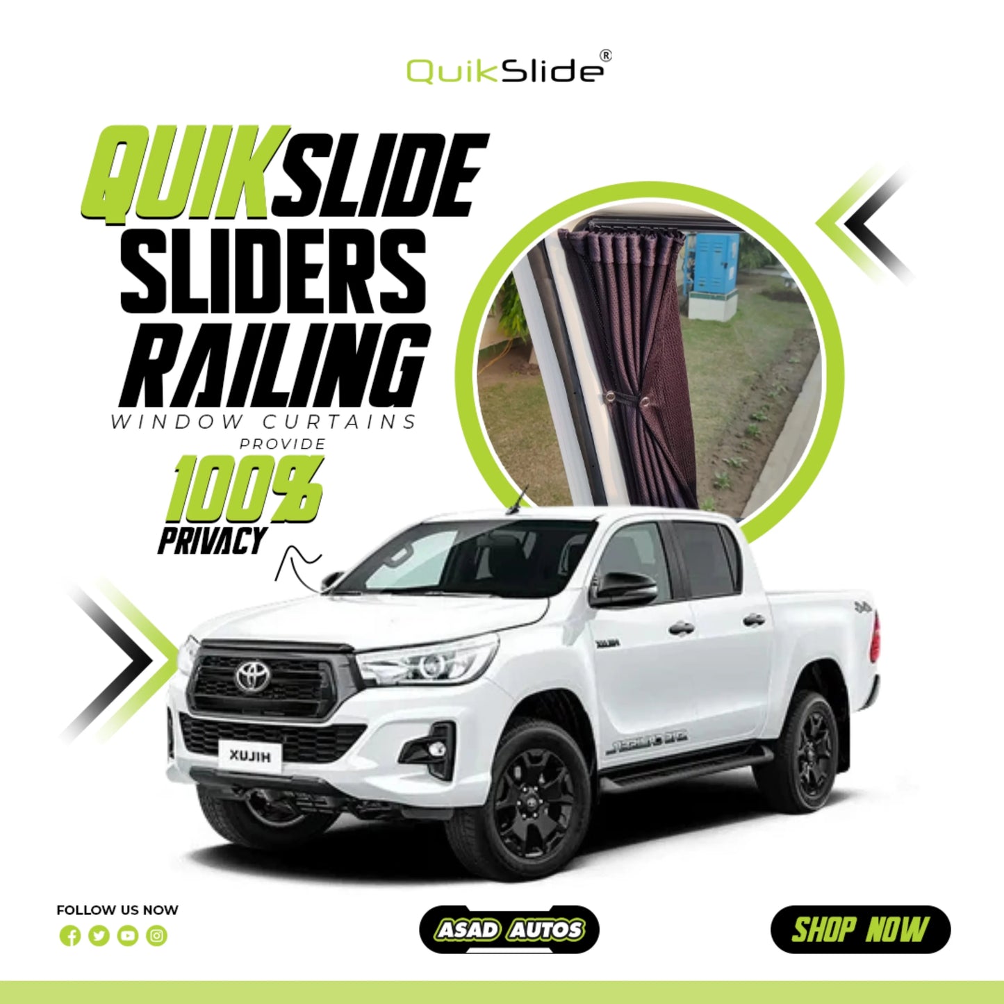 QuikSlide Sliders Railing Curtains for Toyota Hilux Revo Gen8 2016–2025 Car Window Sun Shades
