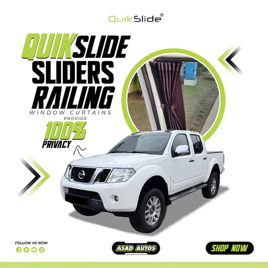 QuikSlide Sliders Railing Curtains installed in Nissan Navara Gen2 (2004-2021) for privacy and sun protection"