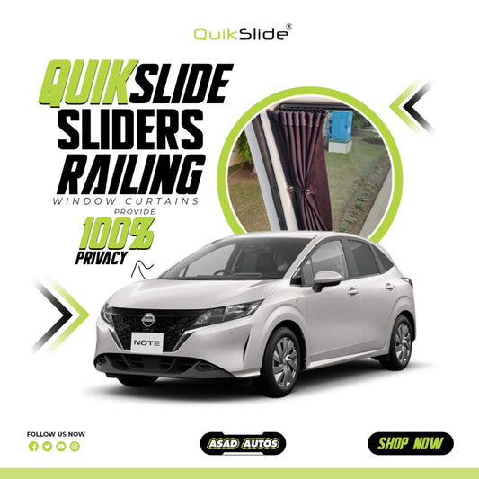 QuikSlide Sliders Railing Curtains installed in Nissan Note Gen3 (2020-2024) for privacy and sun protection"