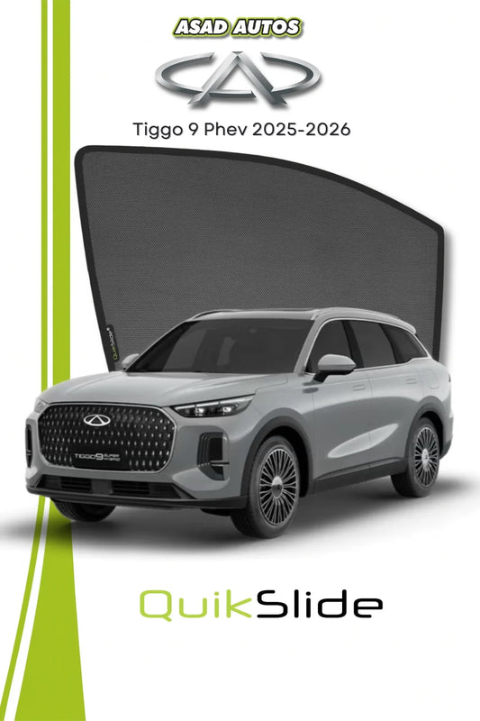 QuikSlide Window Sun Shades (Car Pardy) for Chery Tiggo 9 PHEV 2025–2026 featuring custom-fit UV-resistant mesh,
