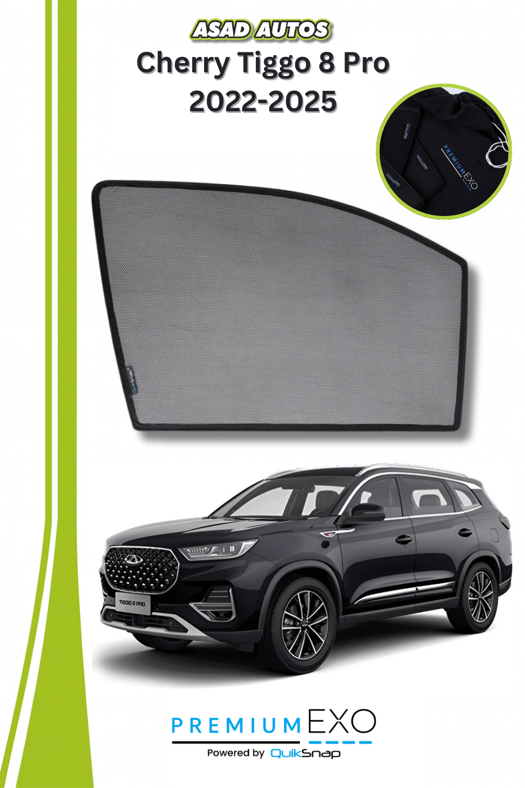 Quik Snap Window Sun Shades (Car Pardy) For Cherry Tiggo 8 Pro 2023 SUV