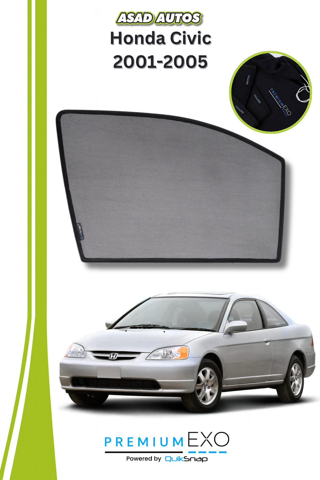 Quik Snap Window Sun Shades (Car Pardy) For Honda Civic 2001-2005 Sedan