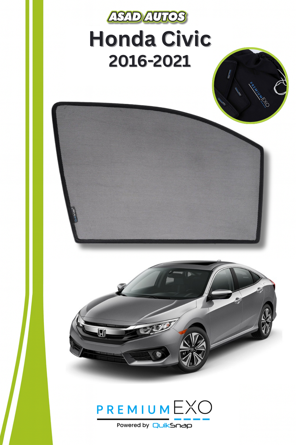 Quik Snap Window Sun Shades (Car Pardy) For Honda Civic 2016-2021 Sedan