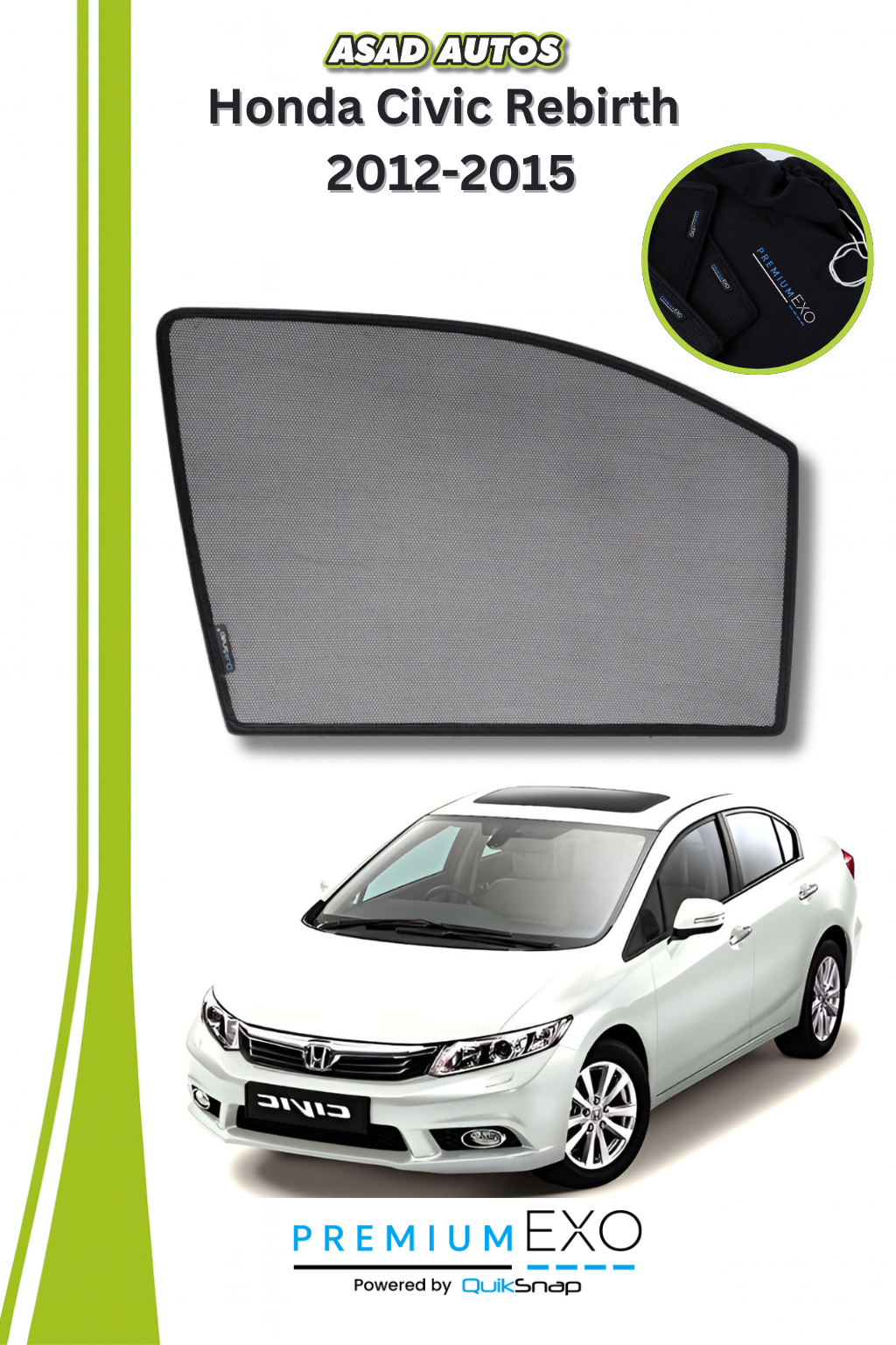 Quik Snap Window Sun Shades (Car Pardy) For Honda Civic (Rebirth) 2012-2015 Sedan