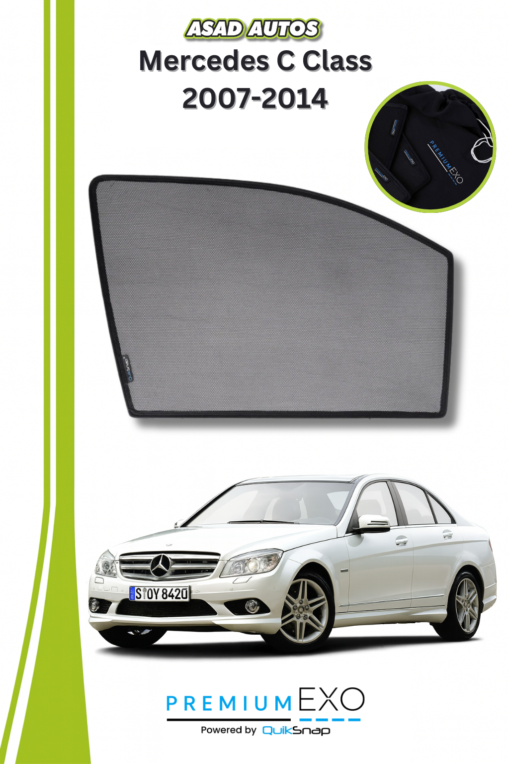 Quik Snap Window Sun Shades (Car Pardy) For Mercedes C Class 2007-2014 VIP Sedan