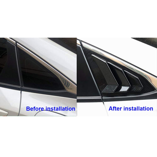 Rear Quarter Side Window Louvers for Honda Civic Sedan 10th Gen (2016-2021) in ABS plastic, 3-vent style with carbon fiber or black finish (2 pieces).