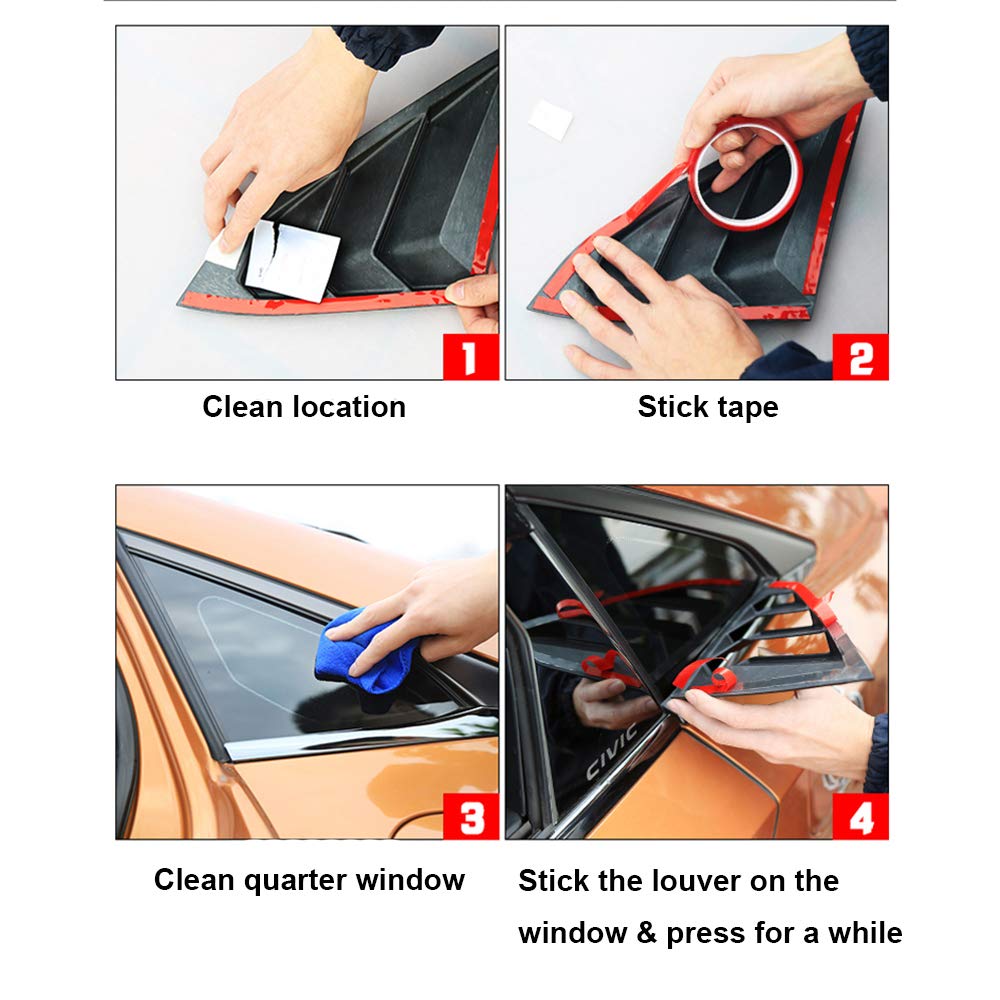 Rear Quarter Side Window Louvers for Honda Civic Sedan 10th Gen (2016-2021) in ABS plastic, 3-vent style with carbon fiber or black finish (2 pieces).