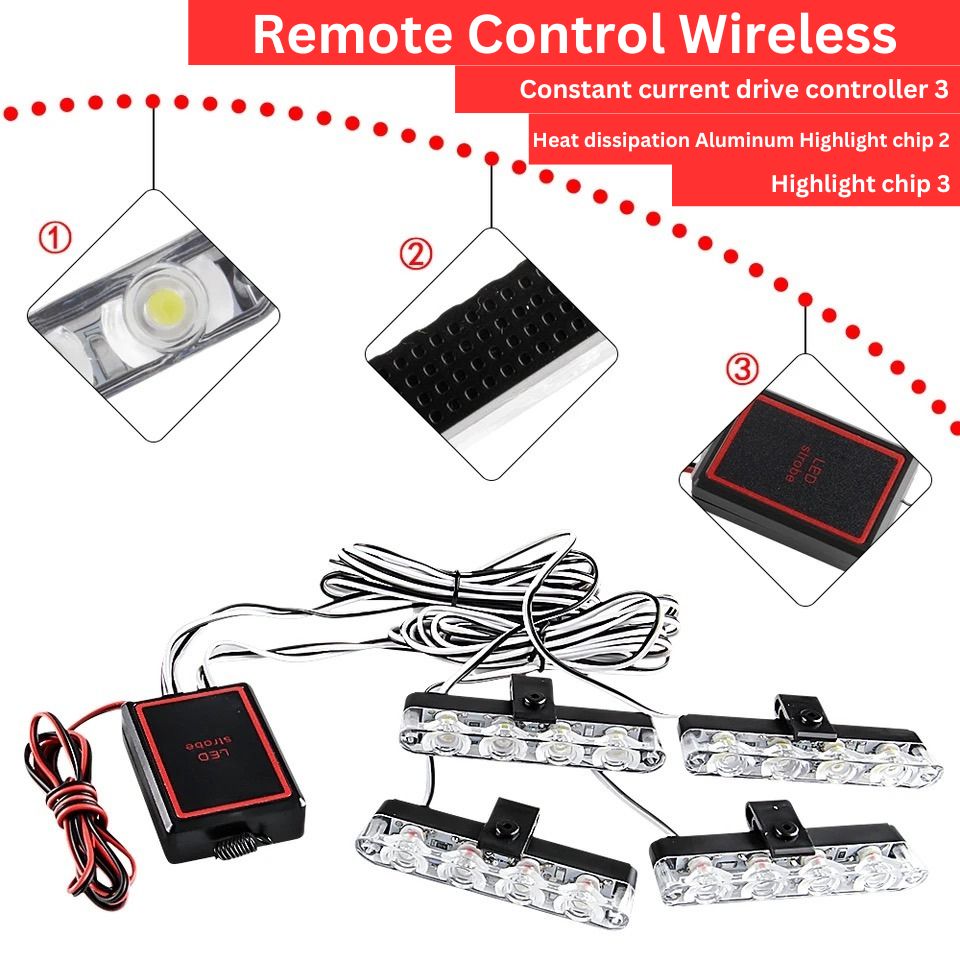 "4x4 LED Wireless Remote Emergency Strobe Light for Car Interior - 12V"
