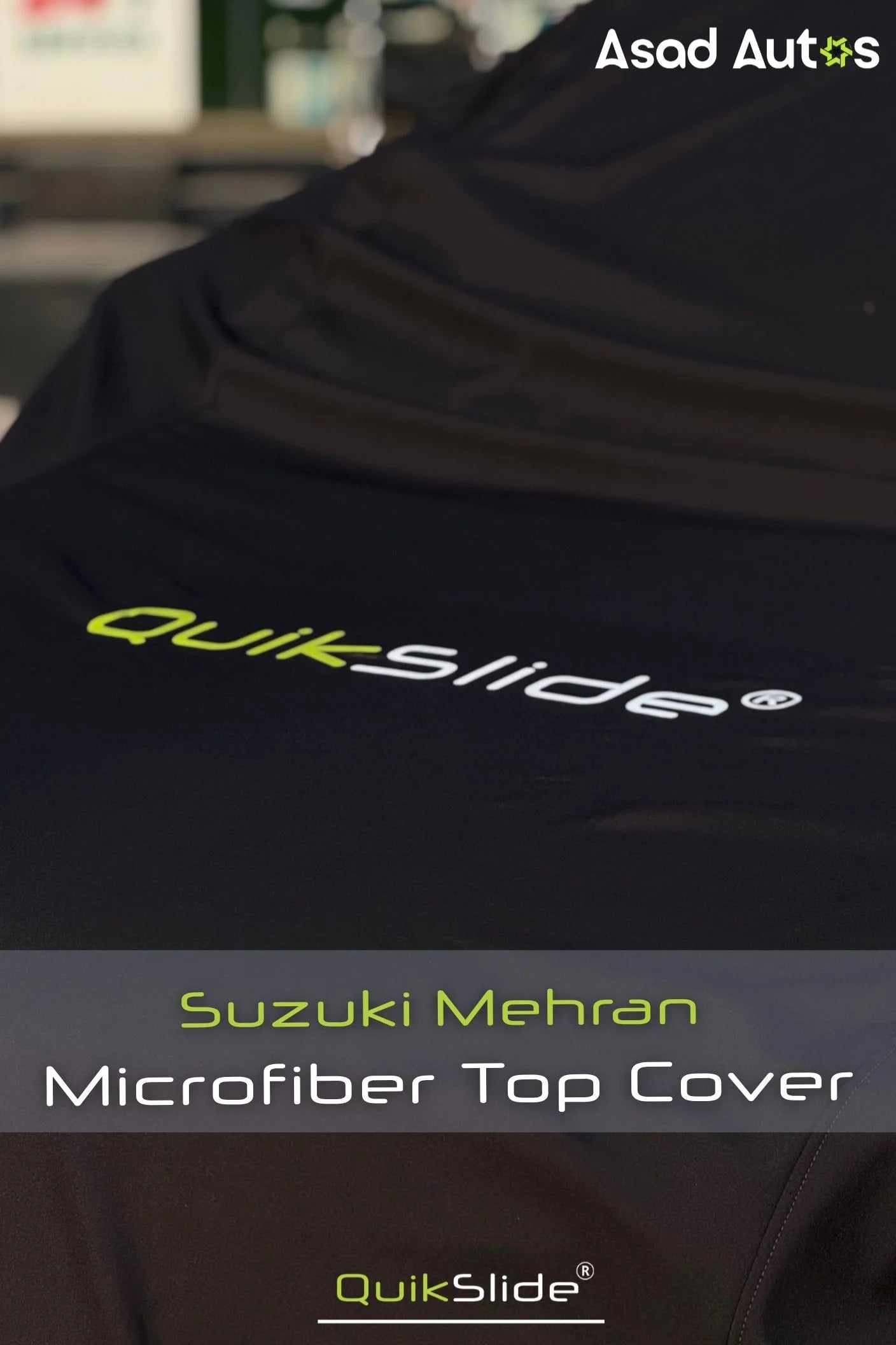 Side view of QuikSlide microfiber cover fitted on Suzuki Mehran