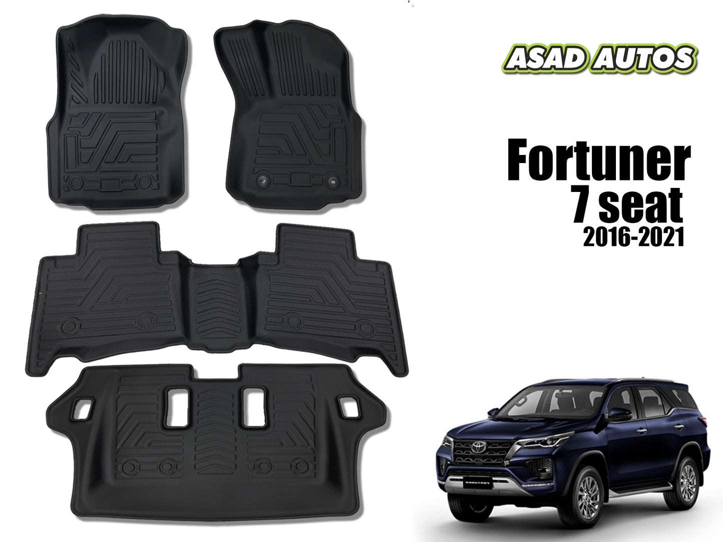 TPE Style Floor Mats with Trunk Mat for Toyota Fortuner (7 Seats) 2016-2021 β Complete Interior Protection