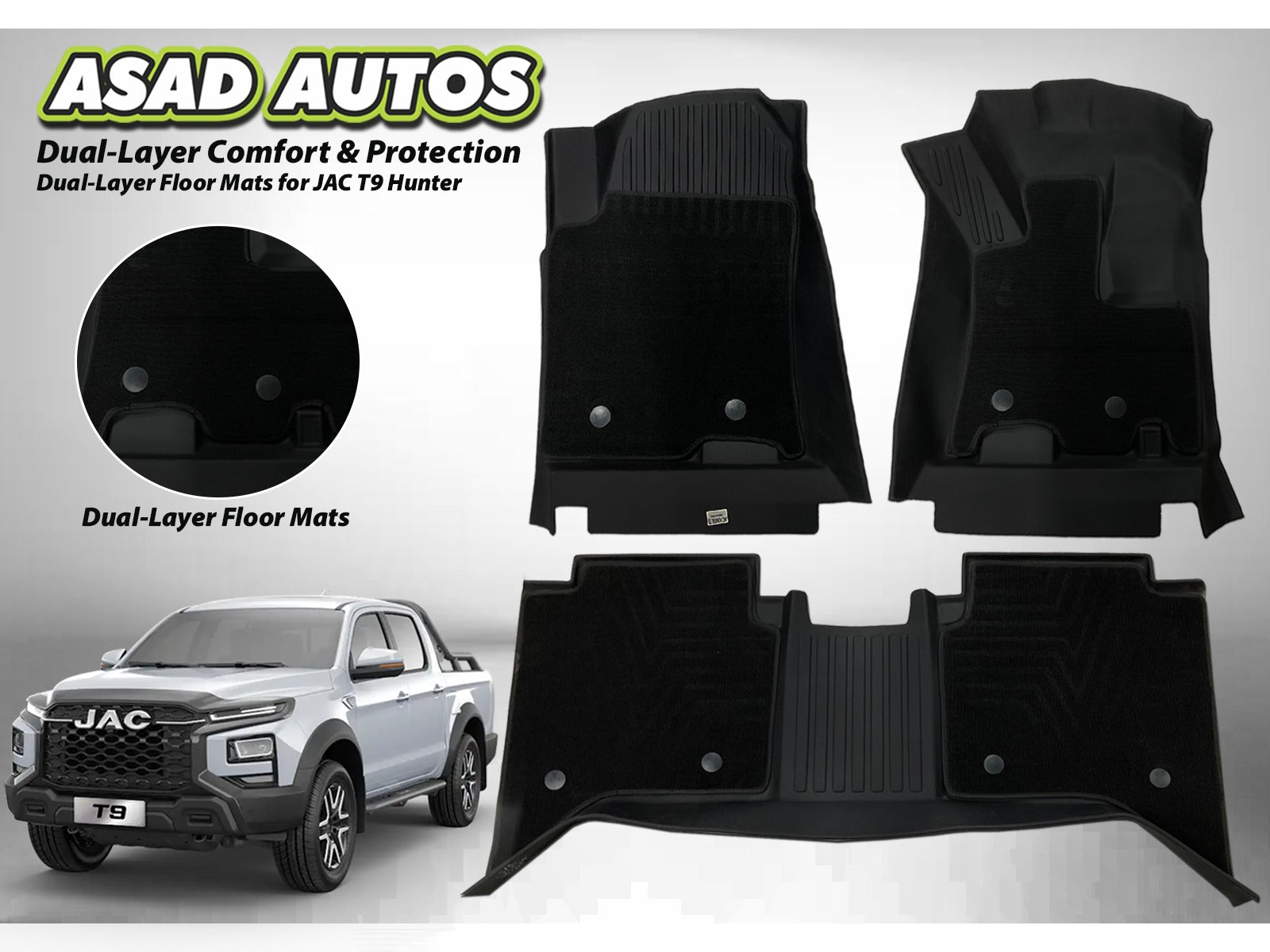 TPH + Carpet Floor Mats for JAC T9 Hunter – Luxury Comfort & All-Weather Protection