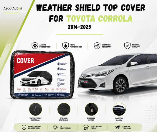 Weather shield top cover protecting Toyota Corolla 2014-2025 from rain, sun and dust while parked outdoors - Asad Autos