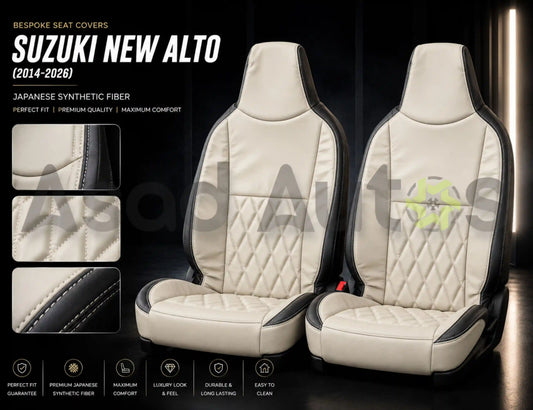 Bespoke beige diamond-quilted Japanese synthetic fiber seat covers with black trim fitted to Suzuki New Alto front seats