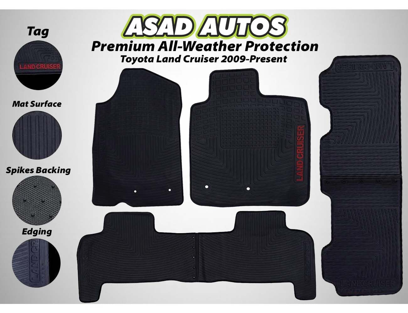 Toyota Land Cruiser 2009-Present Rubber Latex Car Floor Mats, providing premium all-weather protection, durability, and a custom-fit design for enhanced interior cleanliness.
