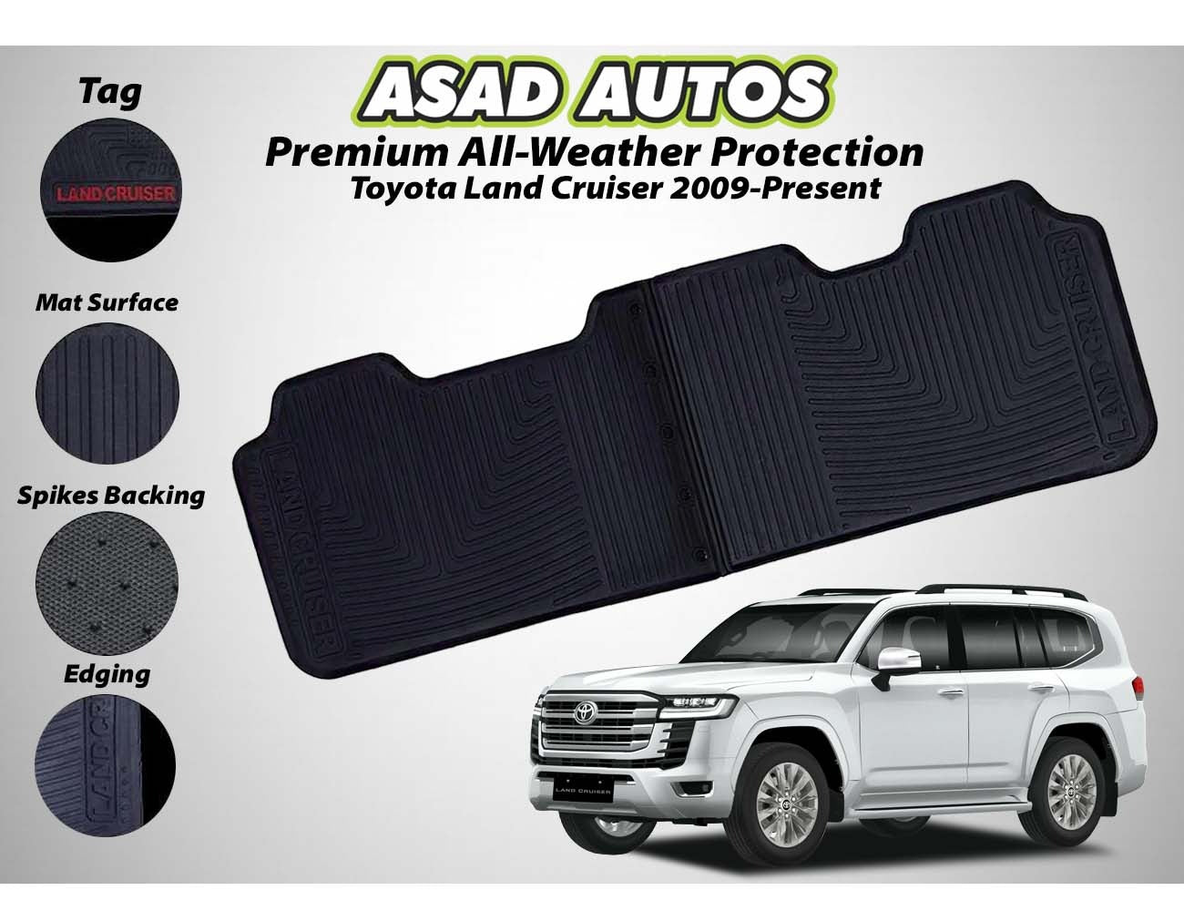 Toyota Land Cruiser 2009-Present Rubber Latex Car Floor Mats, providing premium all-weather protection, durability, and a custom-fit design for enhanced interior cleanliness.