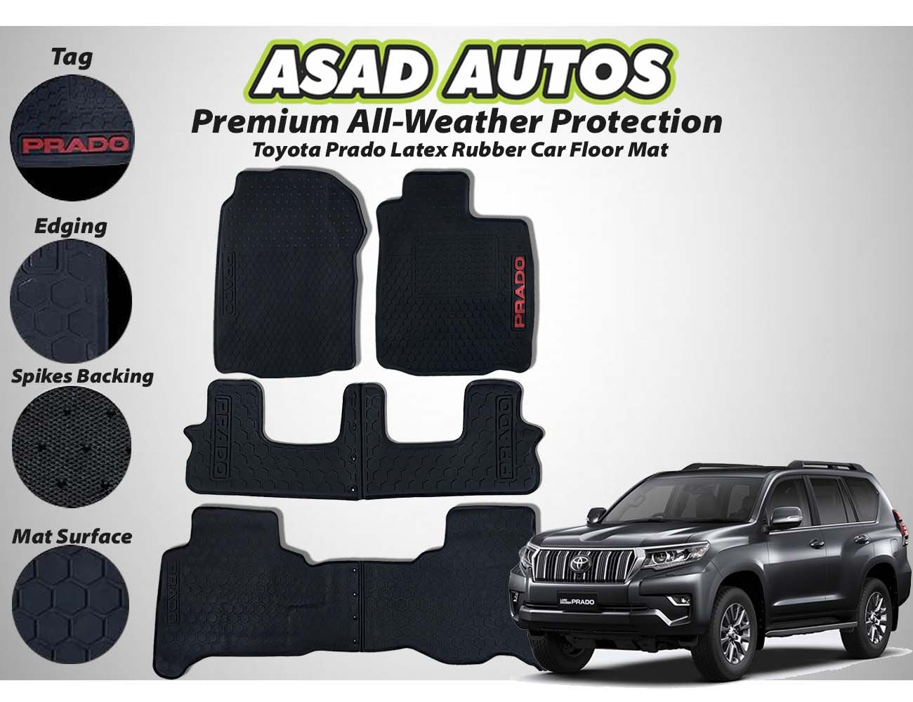 Toyota Prado 2009-2021 Latex Rubber Car Floor Mats, providing durable all-weather protection, a custom fit, and a non-slip design for enhanced interior cleanliness.