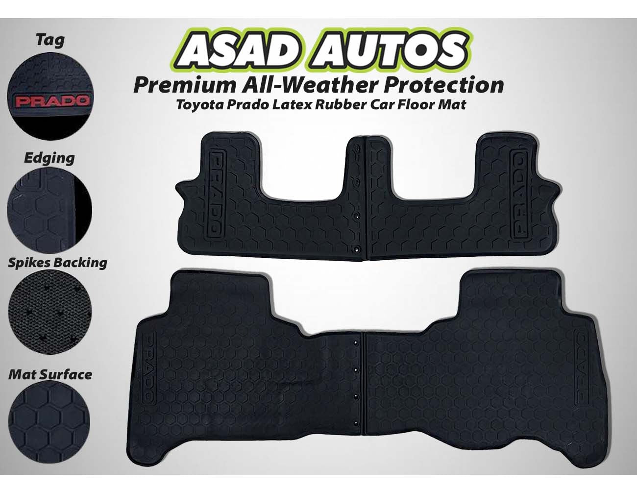 Toyota Prado 2009-2021 Latex Rubber Car Floor Mats, providing durable all-weather protection, a custom fit, and a non-slip design for enhanced interior cleanliness.