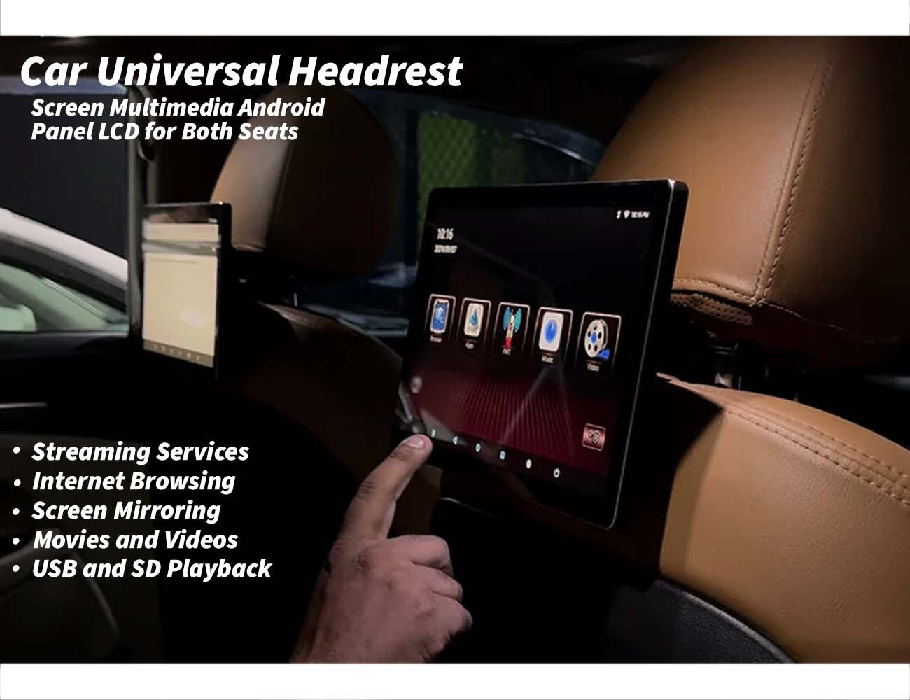 Universal headrest screen multimedia Android panel LCD offering entertainment for both car seats. Ideal for streaming, gaming, and app usage in vehicles.