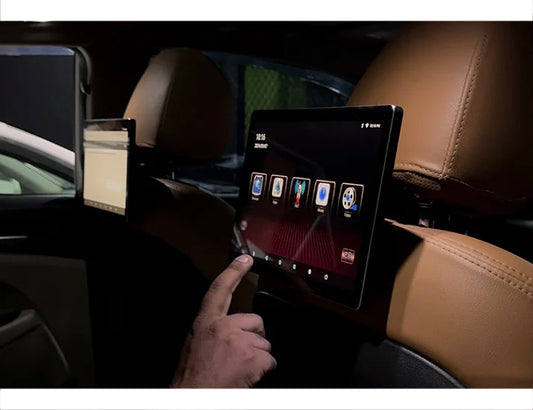Universal headrest screen multimedia Android panel LCD offering entertainment for both car seats. Ideal for streaming, gaming, and app usage in vehicles.
