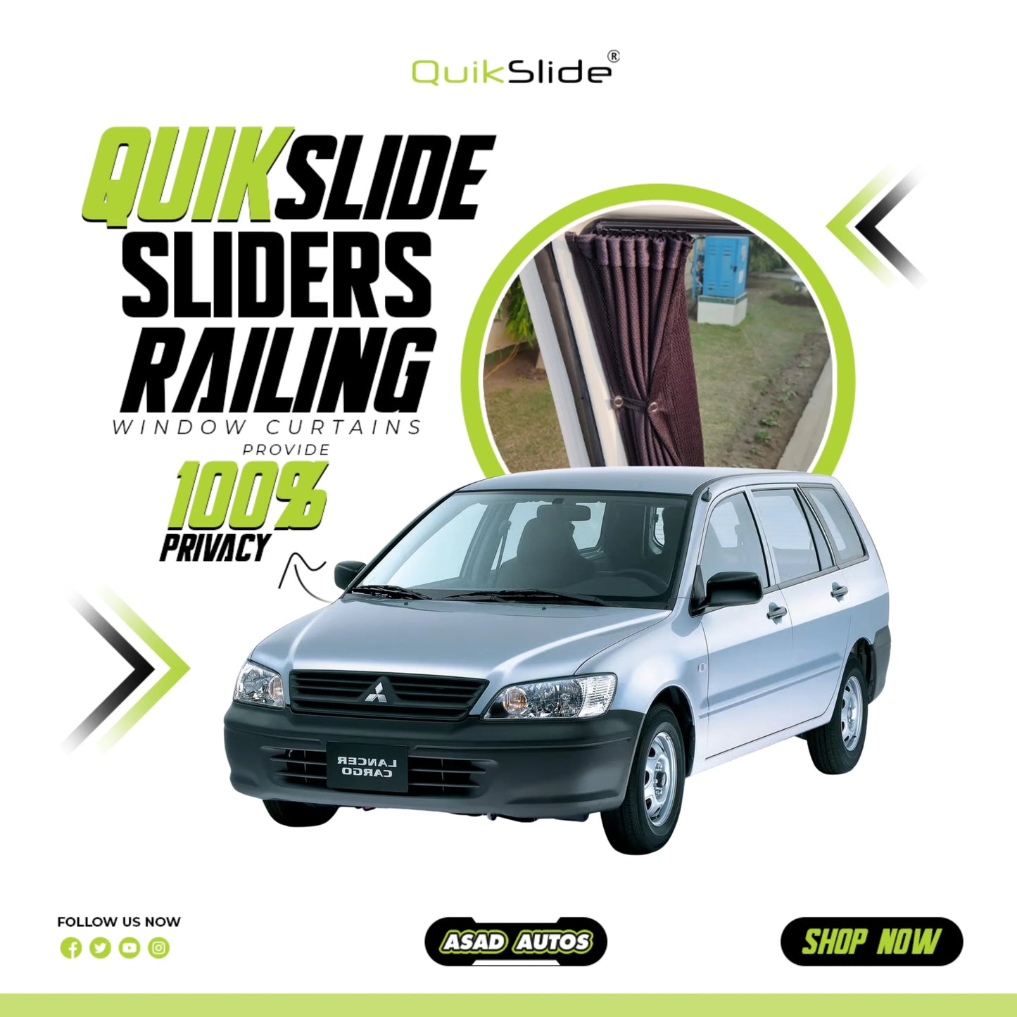 QuikSlide Sliders Railing Curtains for Mitsubishi Lancer Gen8 SW 2000-2015