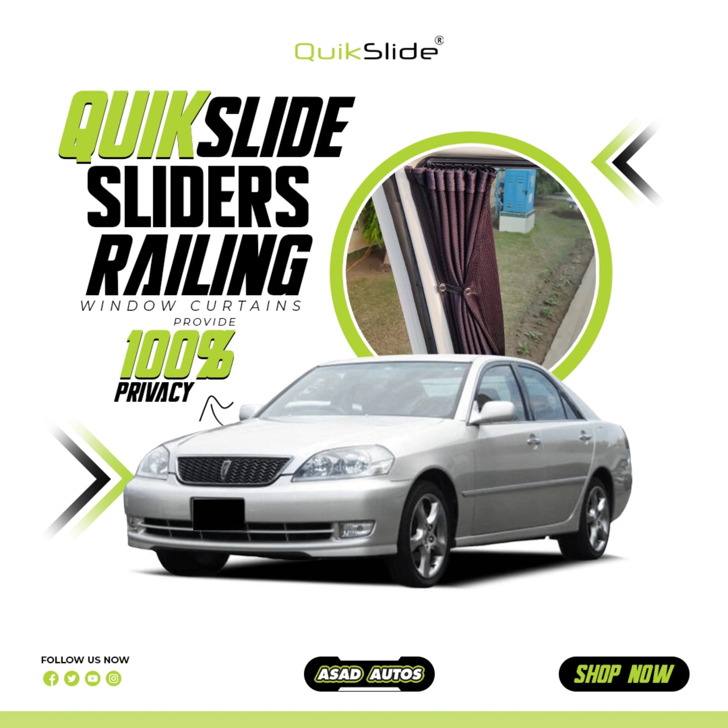 QuikSlide Sliders Railing Curtains for Toyota Mark II Gen9 X110 2000-2007