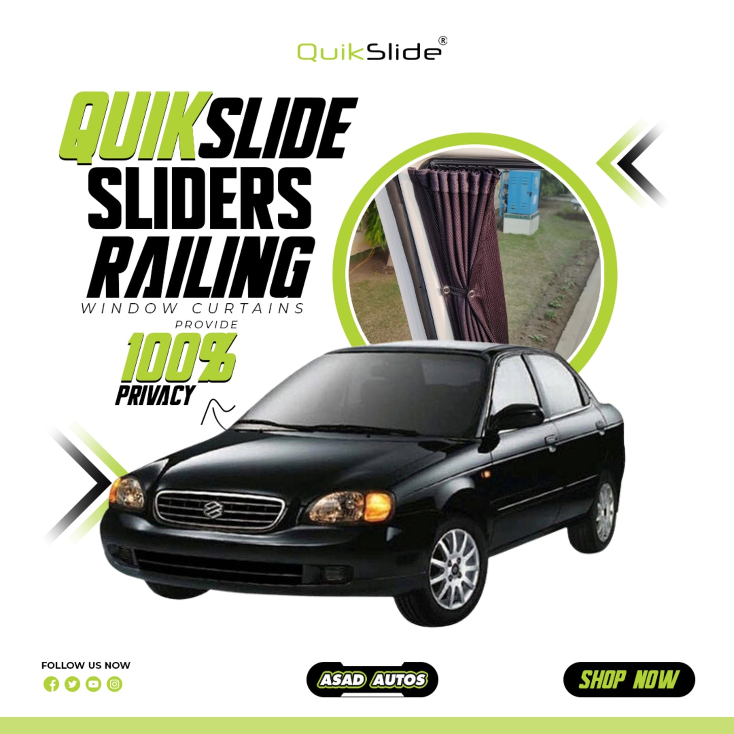 QuikSlide Sliders Railing Curtains for Suzuki Baleno Gen2 2003-2007