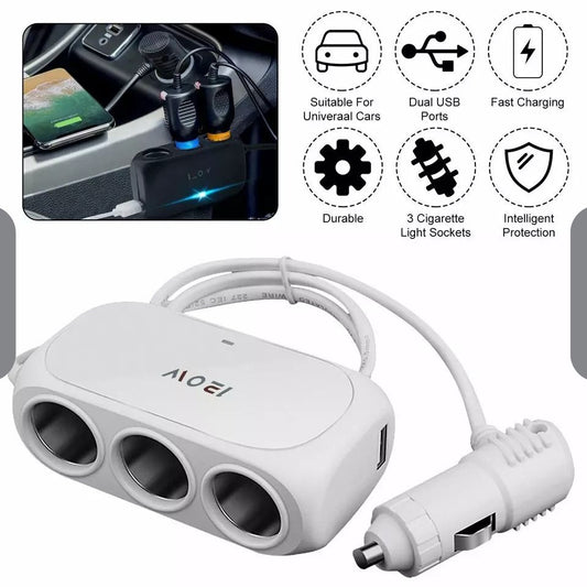 3-Way Universal Car Cigarette Lighter Socket Splitter with LED and Dual USB Charger Power Adapter – White