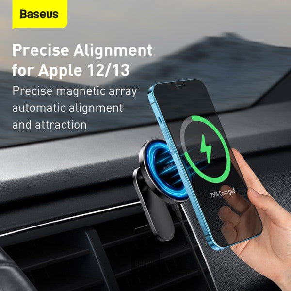 Baseus Magnetic Absorption Wireless Car Charger - Fast Charging - Compatible with MagSafe - Dashboard/Air Vent Mount - iPhone 13/13 Pro/13 Pro Max/12/12 Pro/12 Pro Max - Black