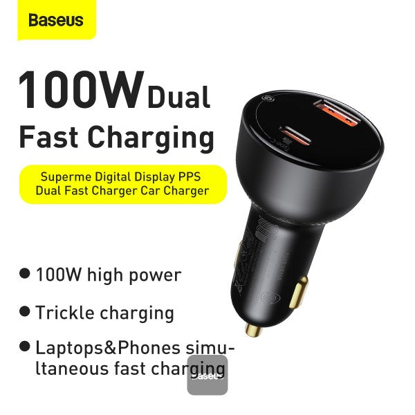 Baseus 100W Car Charger - Dual Port USB Type C Quick Charger