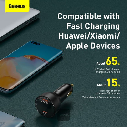 Baseus 100W Car Charger - Dual Port USB Type C Quick Charger