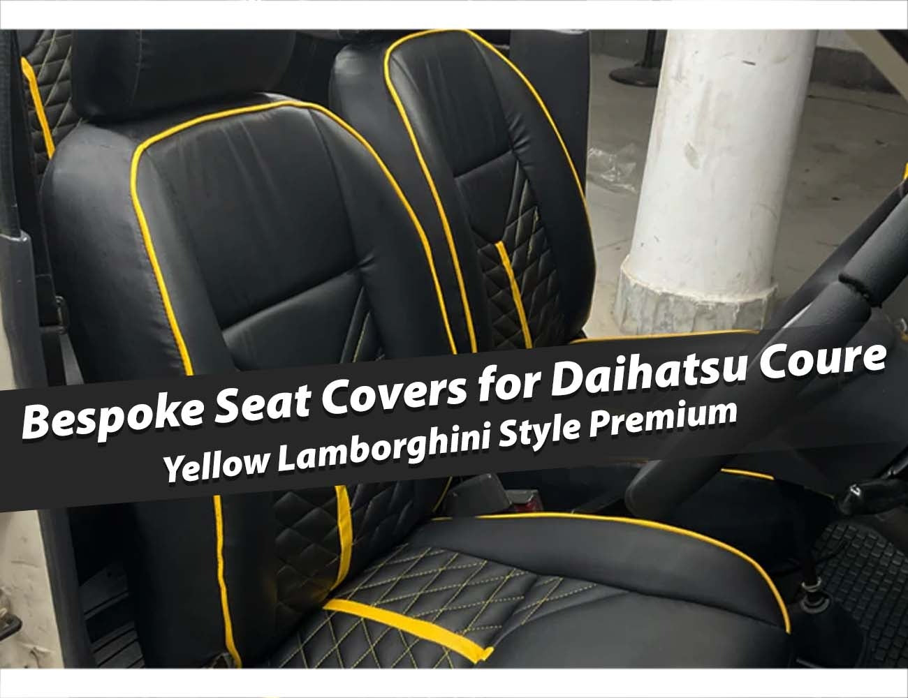 Yellow Lamborghini Style Premium Bespoke Seat Covers for Daihatsu Coure, offering a stylish, sporty, and custom fit interior upgrade.