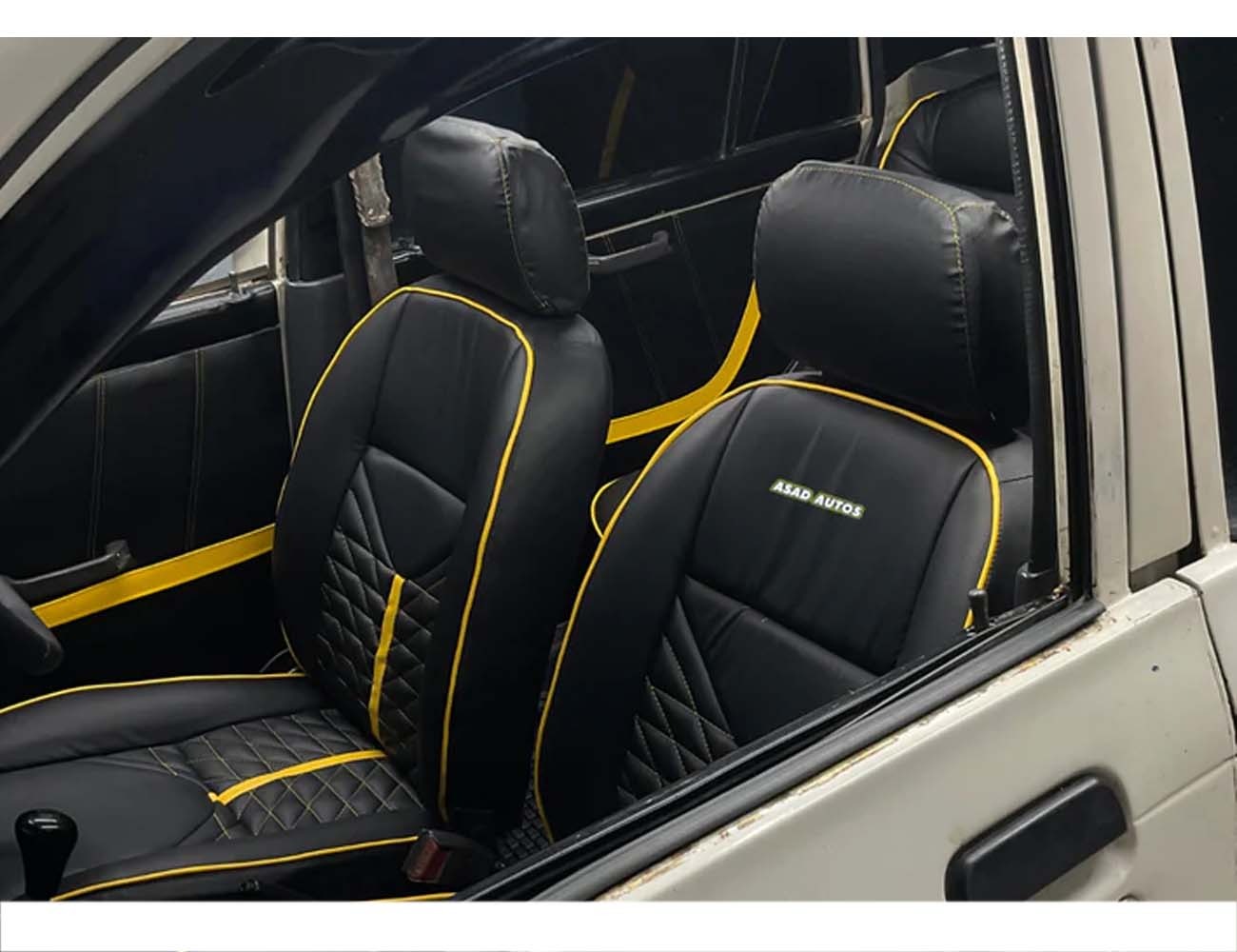 Yellow Lamborghini Style Premium Bespoke Seat Covers for Daihatsu Coure, offering a stylish, sporty, and custom fit interior upgrade.