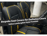 Yellow Lamborghini Style Premium Bespoke Seat Covers for Daihatsu Coure, offering a stylish, sporty, and custom fit interior upgrade.